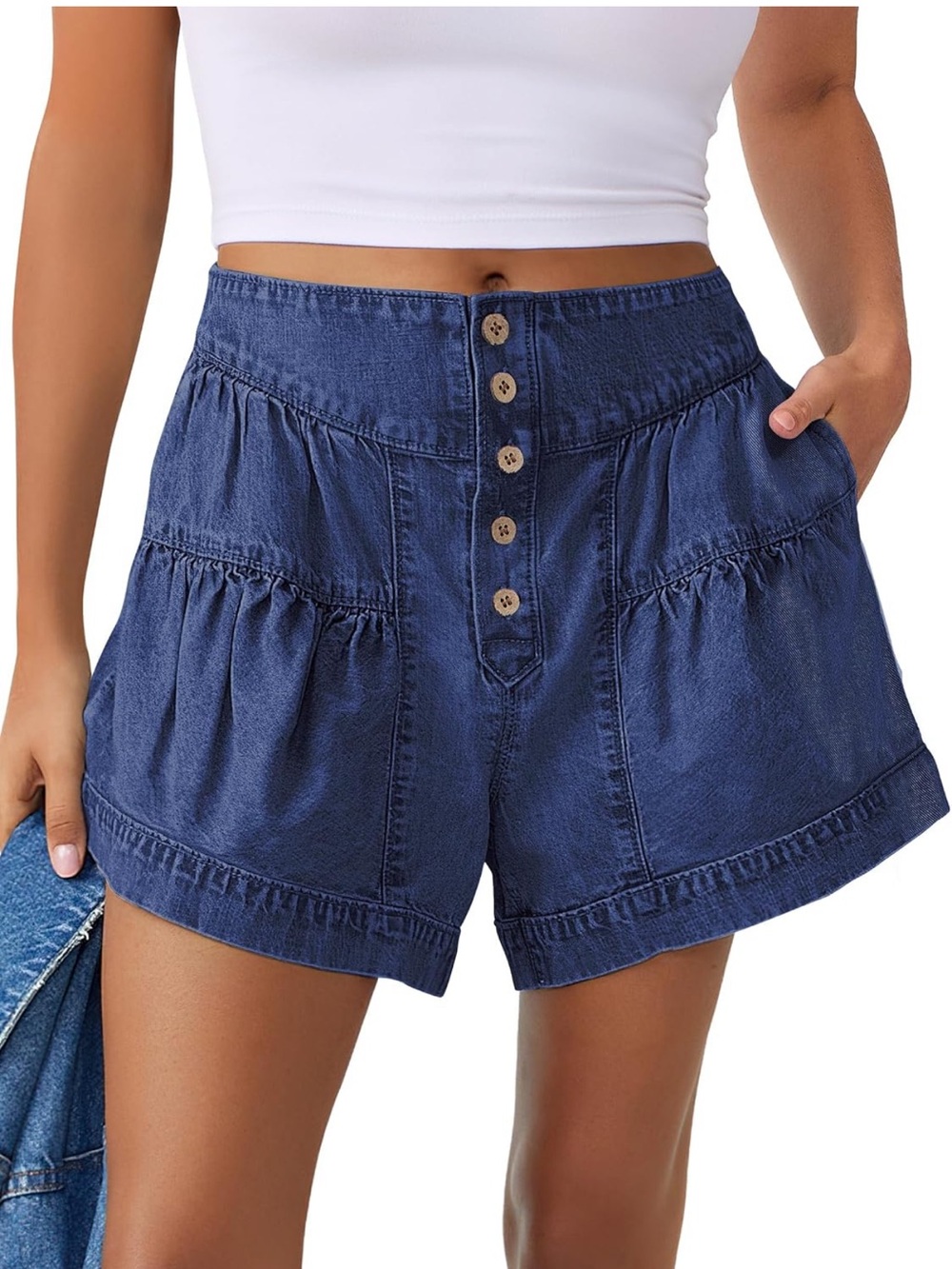 High-Waist Button-Front Denim Shorts - Dark Blue
